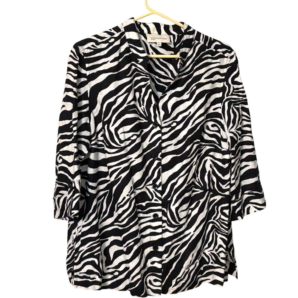 Jones New York Sport Linen Zebra Print Button Front Shirt Women's L 3/4 Sleeve